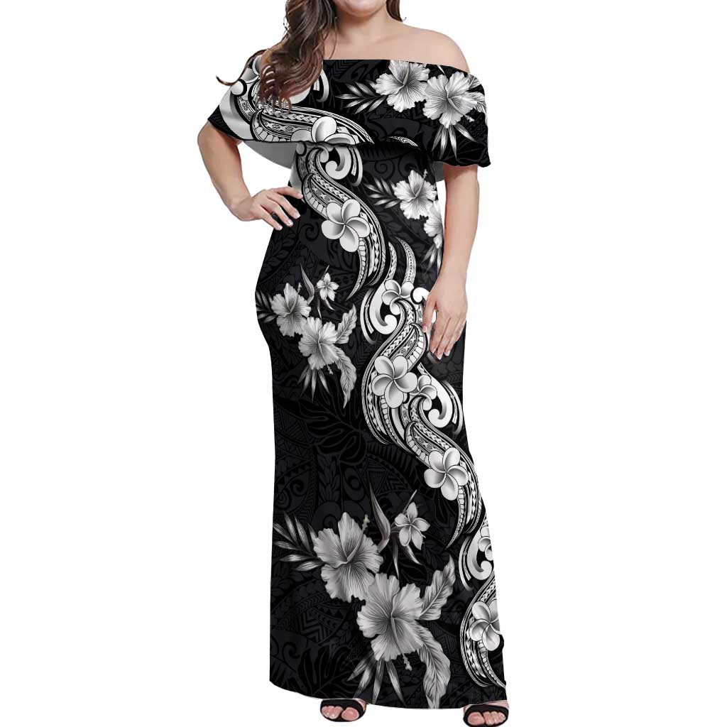 Hawaiian-Polynesian Art Tattoo Off Shoulder Maxi Dress Hibiscus and Plumeria Grayscale