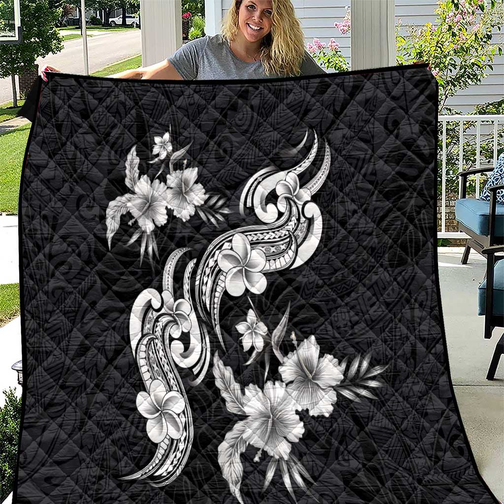 Hawaiian-Polynesian Art Tattoo Quilt Hibiscus and Plumeria Grayscale