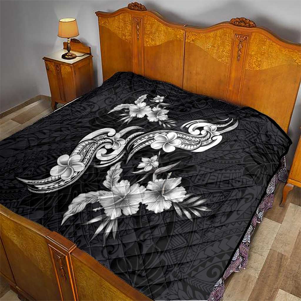 Hawaiian-Polynesian Art Tattoo Quilt Hibiscus and Plumeria Grayscale
