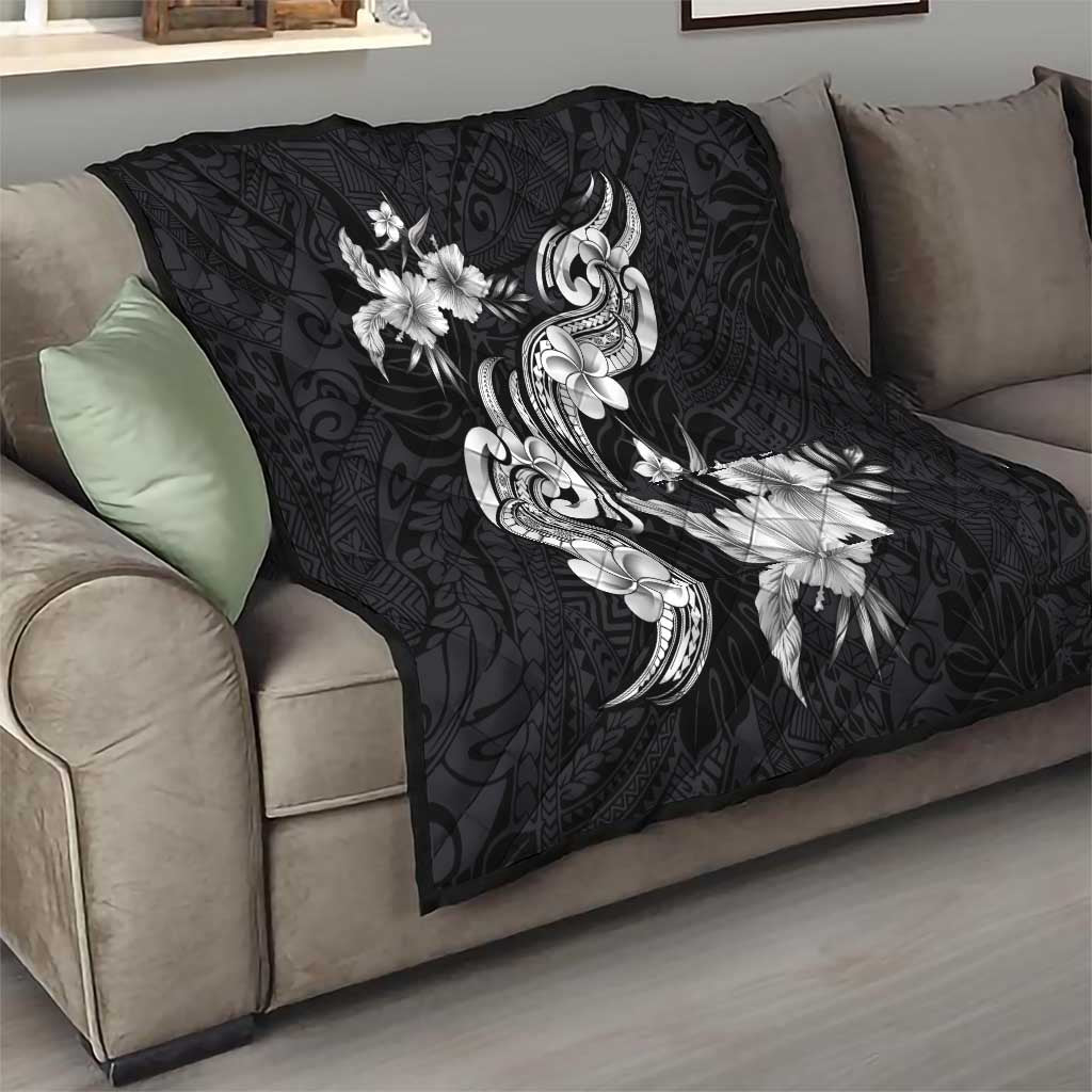 Hawaiian-Polynesian Art Tattoo Quilt Hibiscus and Plumeria Grayscale