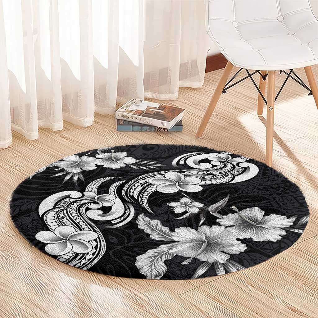 Hawaiian-Polynesian Art Tattoo Round Carpet Hibiscus and Plumeria Grayscale