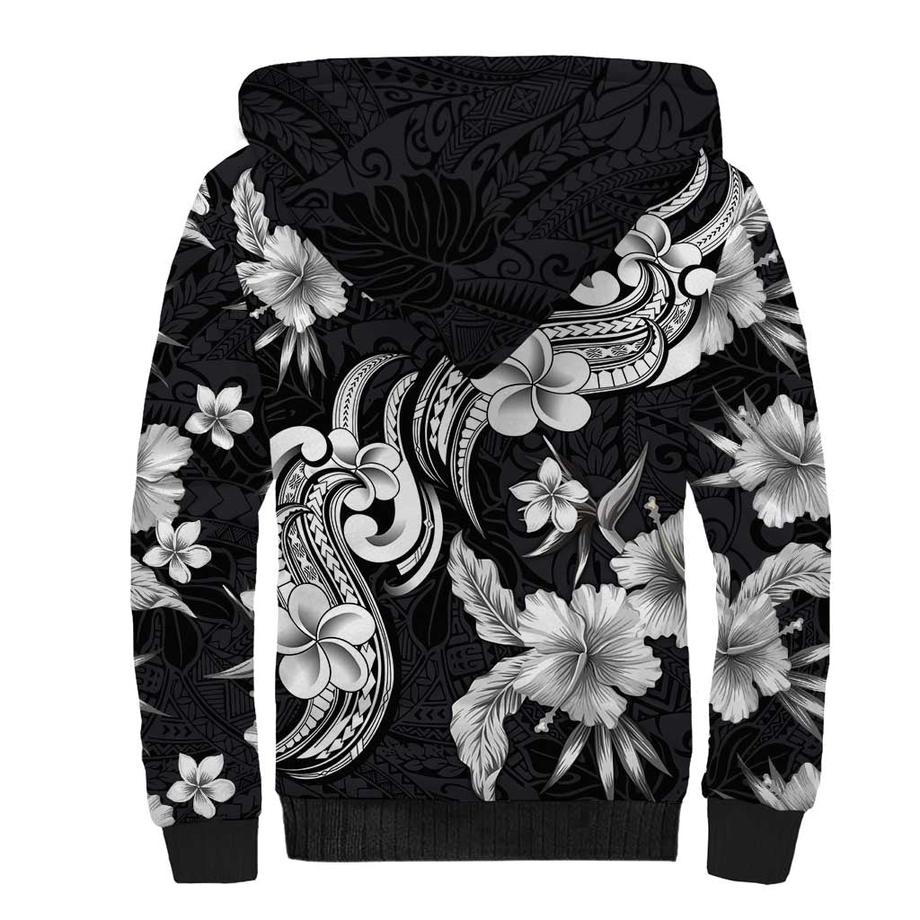 Hawaiian-Polynesian Art Tattoo Sherpa Hoodie Hibiscus and Plumeria Grayscale