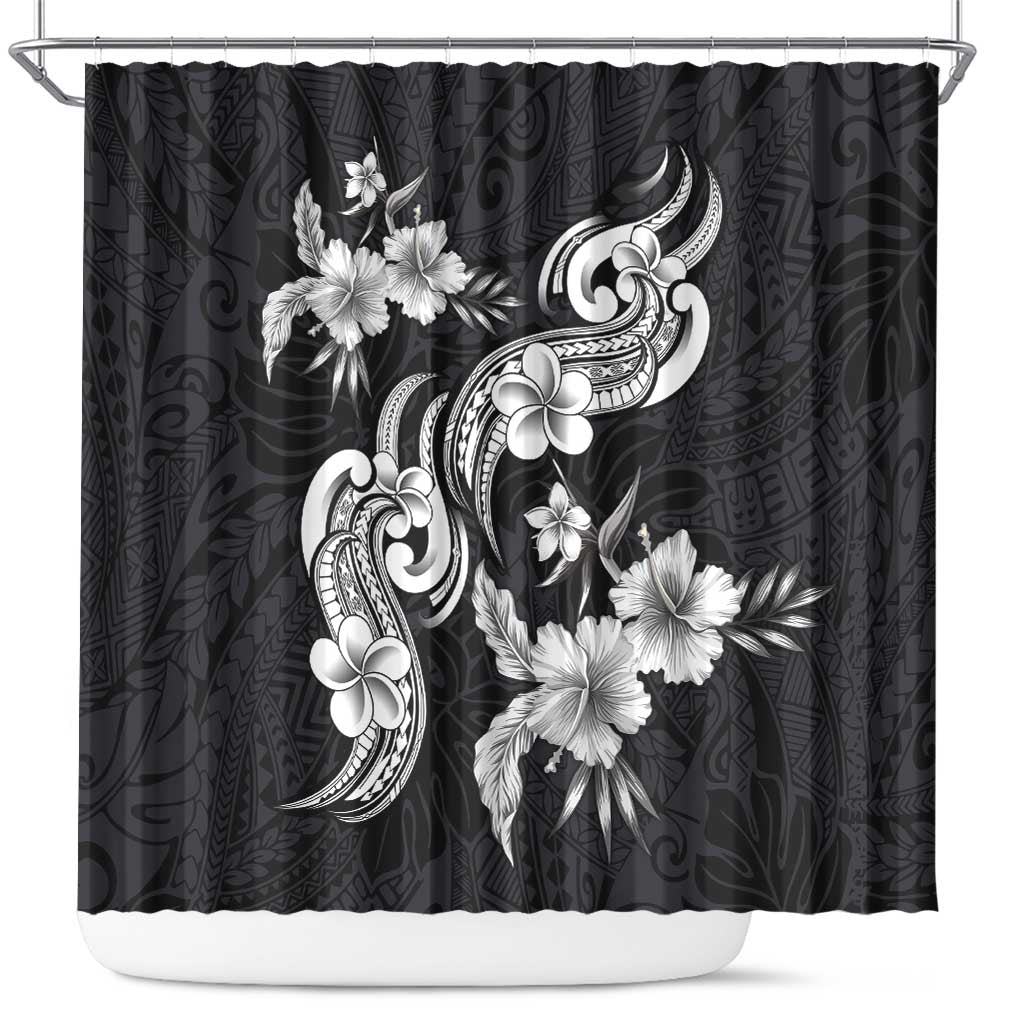 Hawaiian-Polynesian Art Tattoo Shower Curtain Hibiscus and Plumeria Grayscale