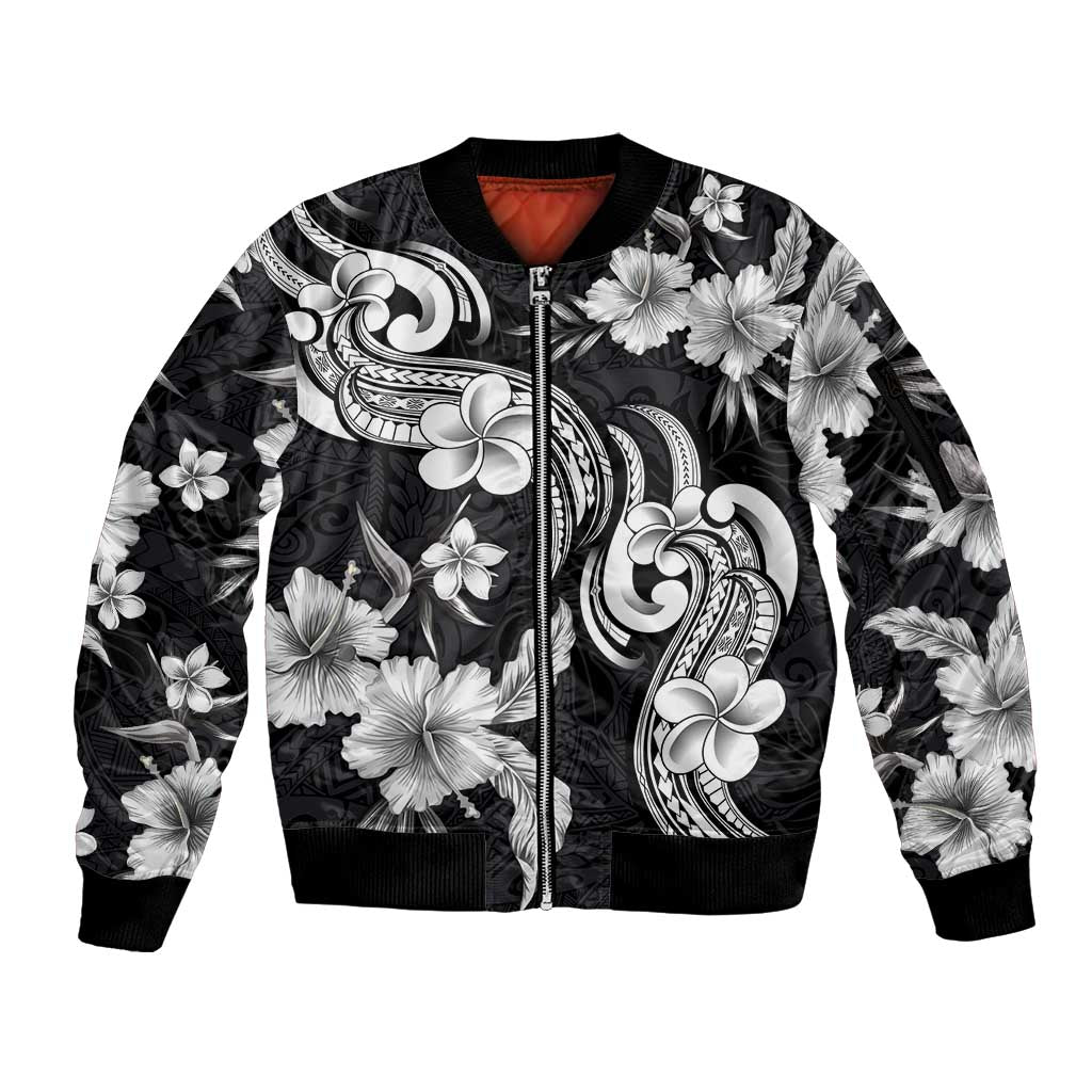 Hawaiian-Polynesian Art Tattoo Sleeve Zip Bomber Jacket Hibiscus and Plumeria Grayscale