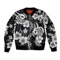 Hawaiian-Polynesian Art Tattoo Sleeve Zip Bomber Jacket Hibiscus and Plumeria Grayscale