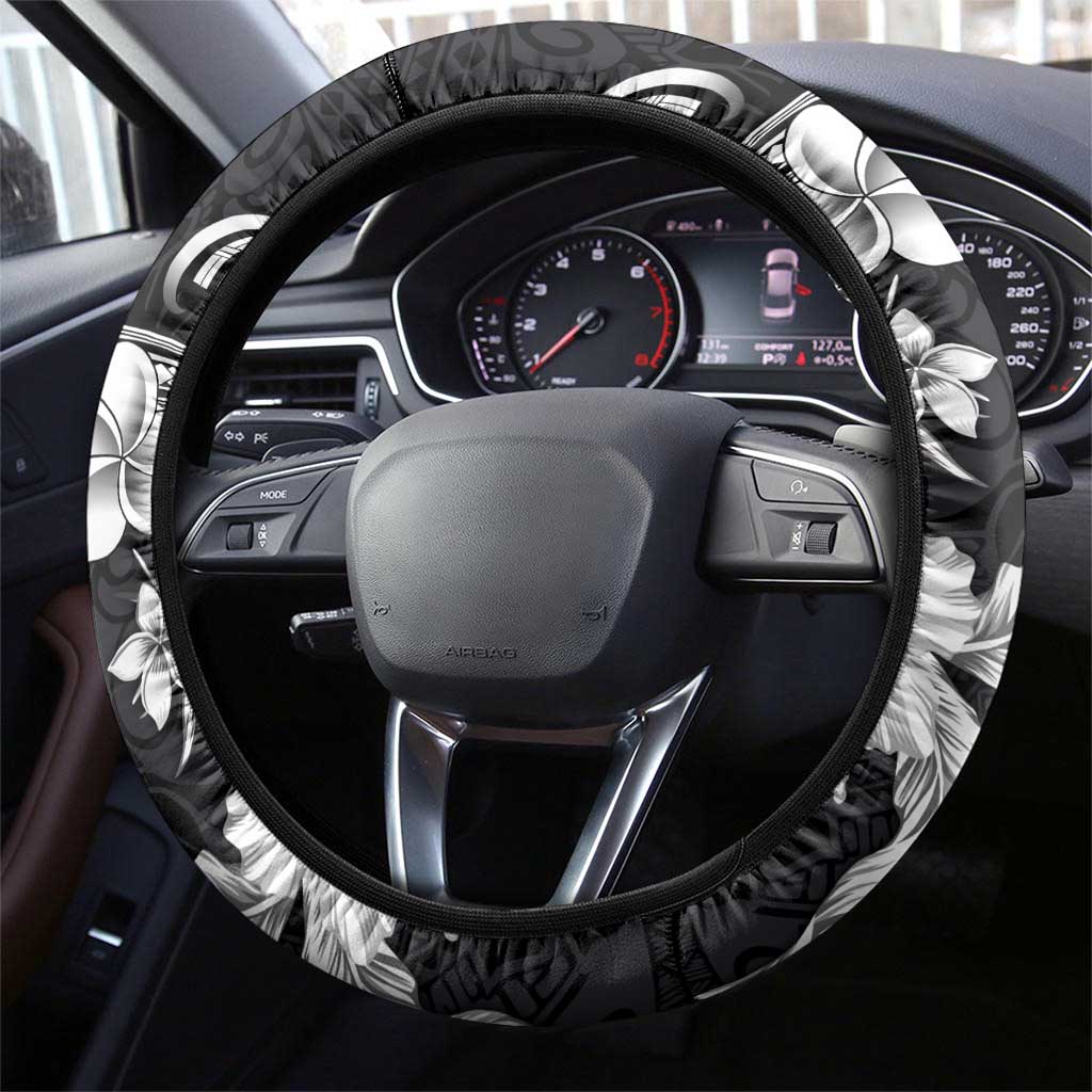 Hawaiian-Polynesian Art Tattoo Steering Wheel Cover Hibiscus and Plumeria Grayscale