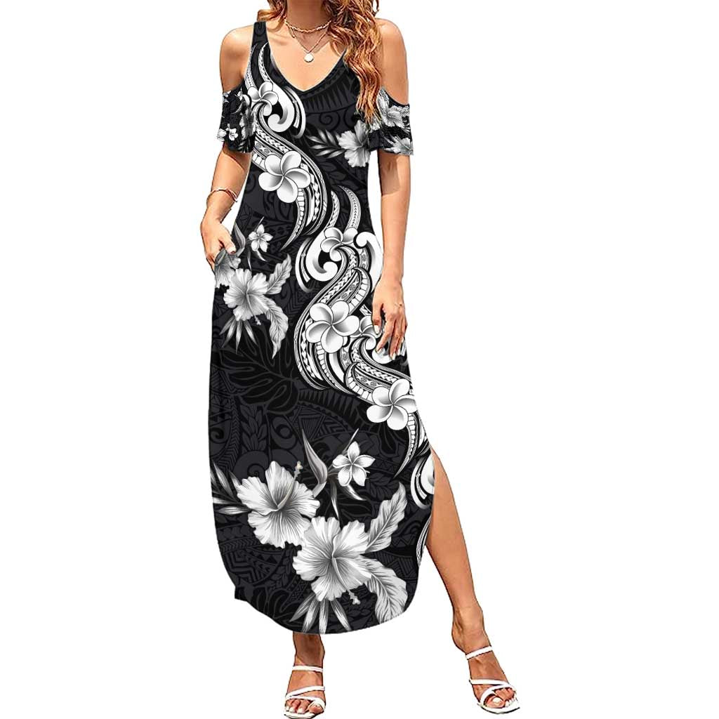Hawaiian-Polynesian Art Tattoo Summer Maxi Dress Hibiscus and Plumeria Grayscale