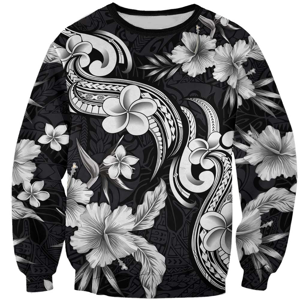 Hawaiian-Polynesian Art Tattoo Sweatshirt Hibiscus and Plumeria Grayscale LT03 Unisex Black - Polynesian Pride