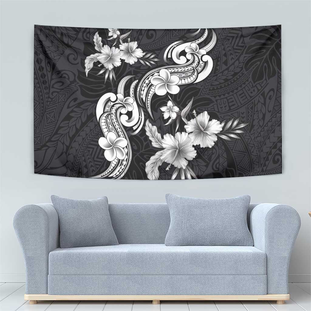 Hawaiian-Polynesian Art Tattoo Tapestry Hibiscus and Plumeria Grayscale