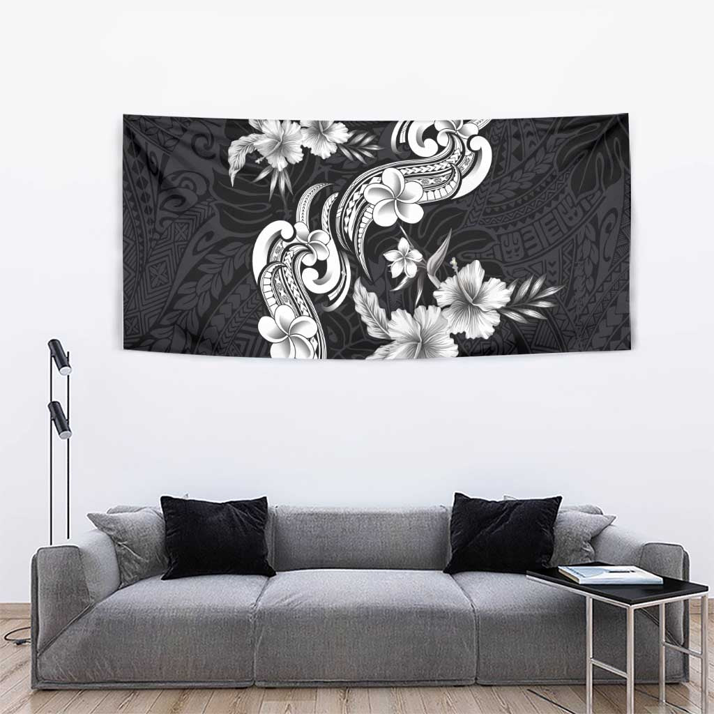 Hawaiian-Polynesian Art Tattoo Tapestry Hibiscus and Plumeria Grayscale