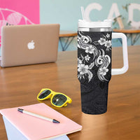 Hawaiian-Polynesian Art Tattoo Tumbler With Handle Hibiscus and Plumeria Grayscale