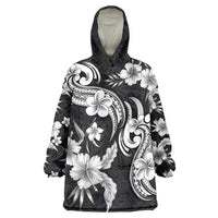 Hawaiian-Polynesian Art Tattoo Wearable Blanket Hoodie Hibiscus and Plumeria Grayscale