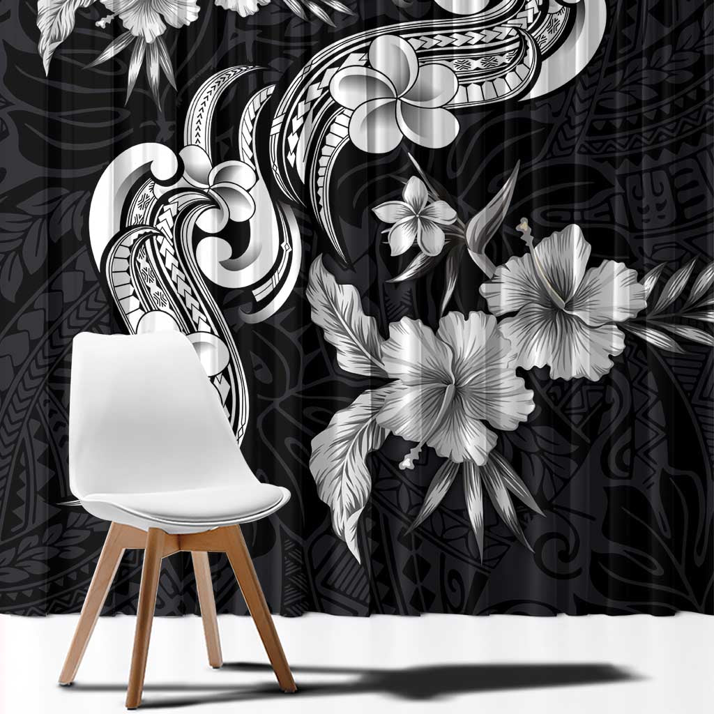 Hawaiian-Polynesian Art Tattoo Window Curtain Hibiscus and Plumeria Grayscale