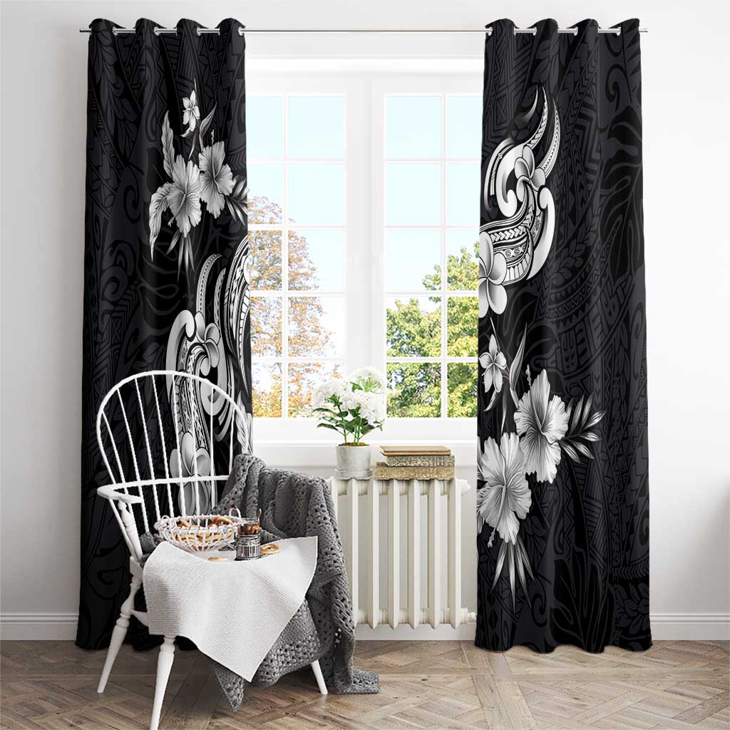 Hawaiian-Polynesian Art Tattoo Window Curtain Hibiscus and Plumeria Grayscale