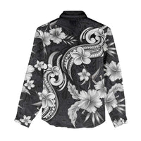 Hawaiian-Polynesian Art Tattoo Women Casual Shirt Hibiscus and Plumeria Grayscale