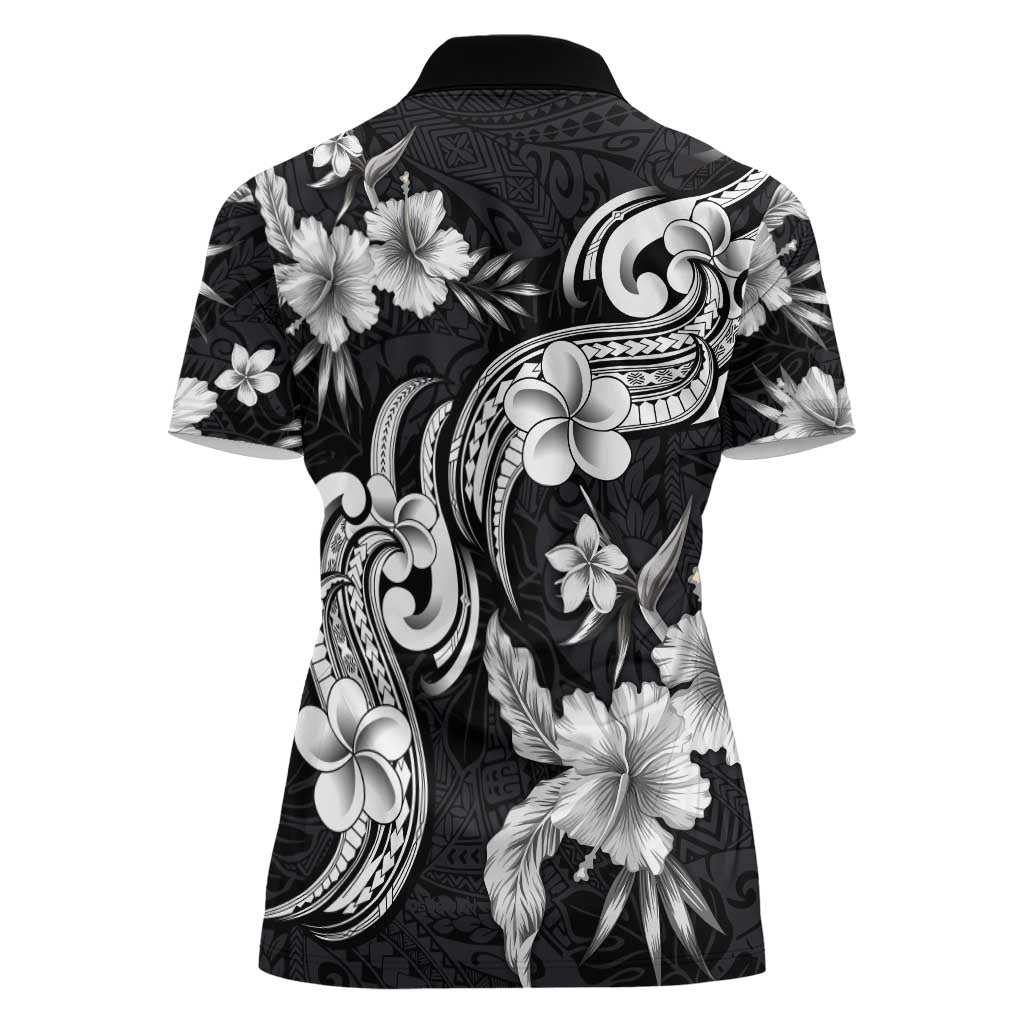 Hawaiian-Polynesian Art Tattoo Women Polo Shirt Hibiscus and Plumeria Grayscale