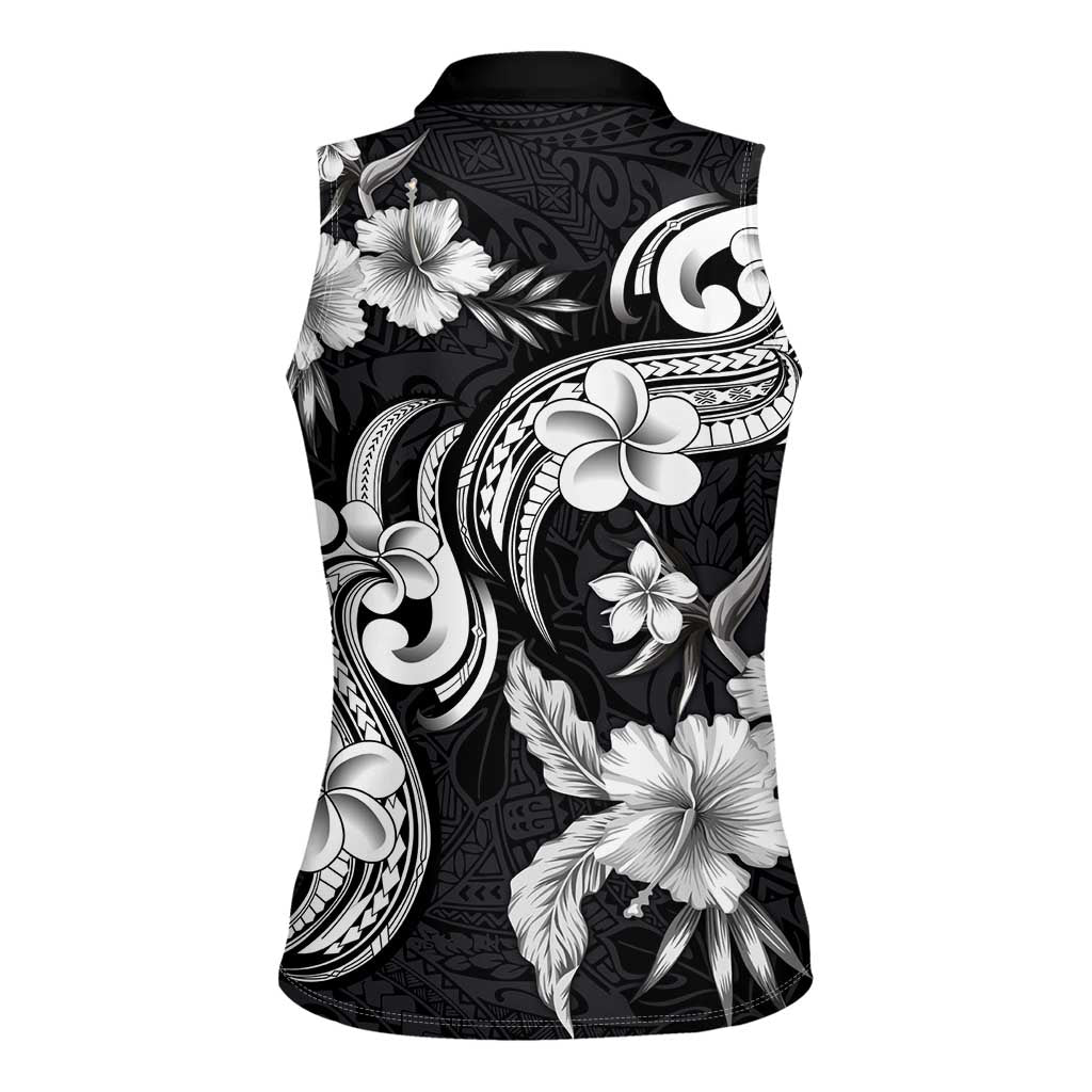 Hawaiian-Polynesian Art Tattoo Women Sleeveless Polo Shirt Hibiscus and Plumeria Grayscale