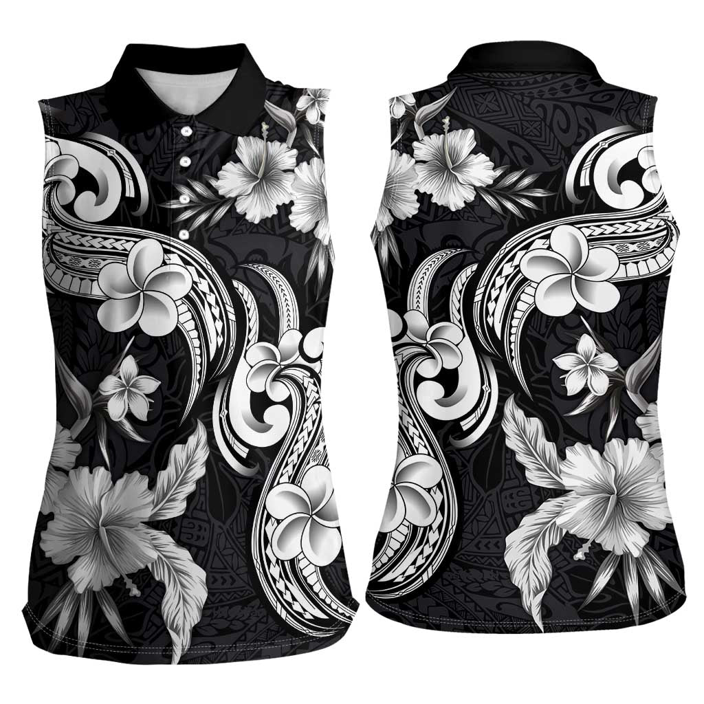 Hawaiian-Polynesian Art Tattoo Women Sleeveless Polo Shirt Hibiscus and Plumeria Grayscale