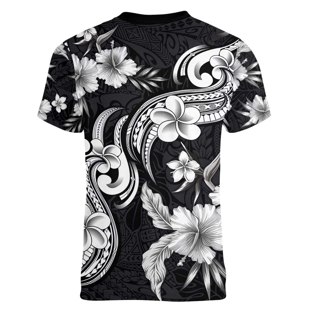 Hawaiian-Polynesian Art Tattoo Women V-Neck T-Shirt Hibiscus and Plumeria Grayscale
