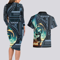 Samoan Siapo Motif and Siva Afi Dance Couples Matching Long Sleeve Bodycon Dress and Hawaiian Shirt