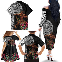 Samoan Warrior Art Tattoo Family Matching Off The Shoulder Long Sleeve Dress and Hawaiian Shirt Polynesian Pattern and Teuila