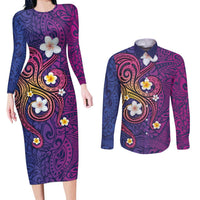 Hawaiian Octopus Tattoo and Frangipani Couples Matching Long Sleeve Bodycon Dress and Long Sleeve Button Shirt