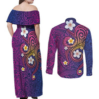 Hawaiian Octopus Tattoo and Frangipani Couples Matching Off Shoulder Maxi Dress and Long Sleeve Button Shirt