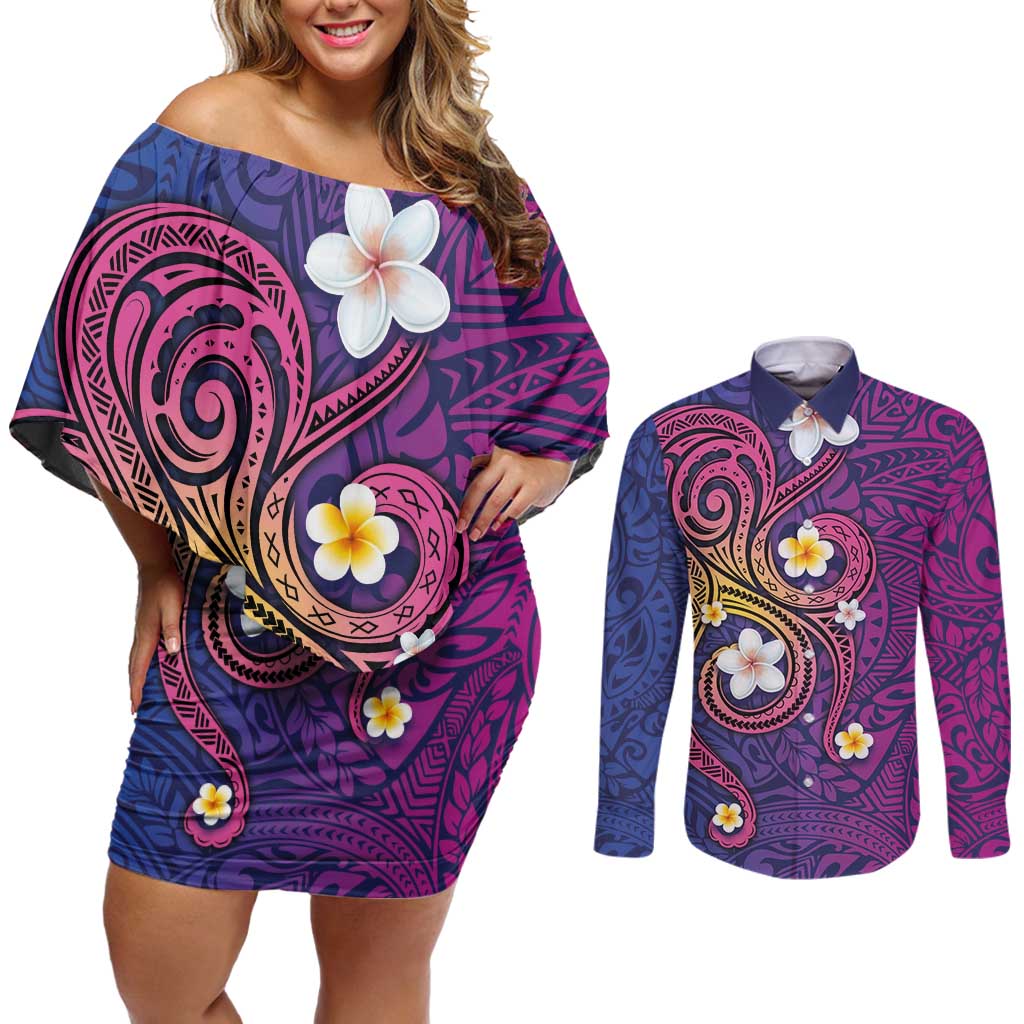 Hawaiian Octopus Tattoo and Frangipani Couples Matching Off Shoulder Short Dress and Long Sleeve Button Shirt