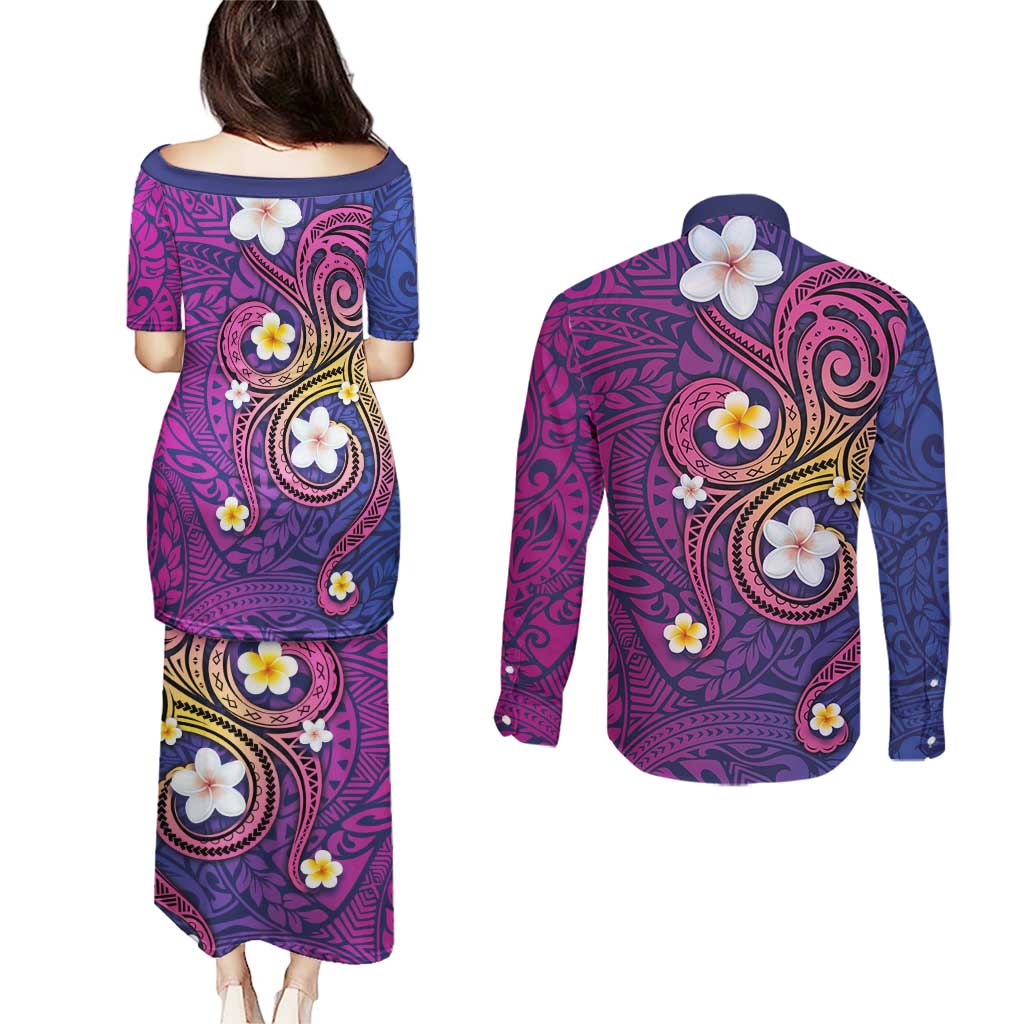 Hawaiian Octopus Tattoo and Frangipani Couples Matching Puletasi and Long Sleeve Button Shirt