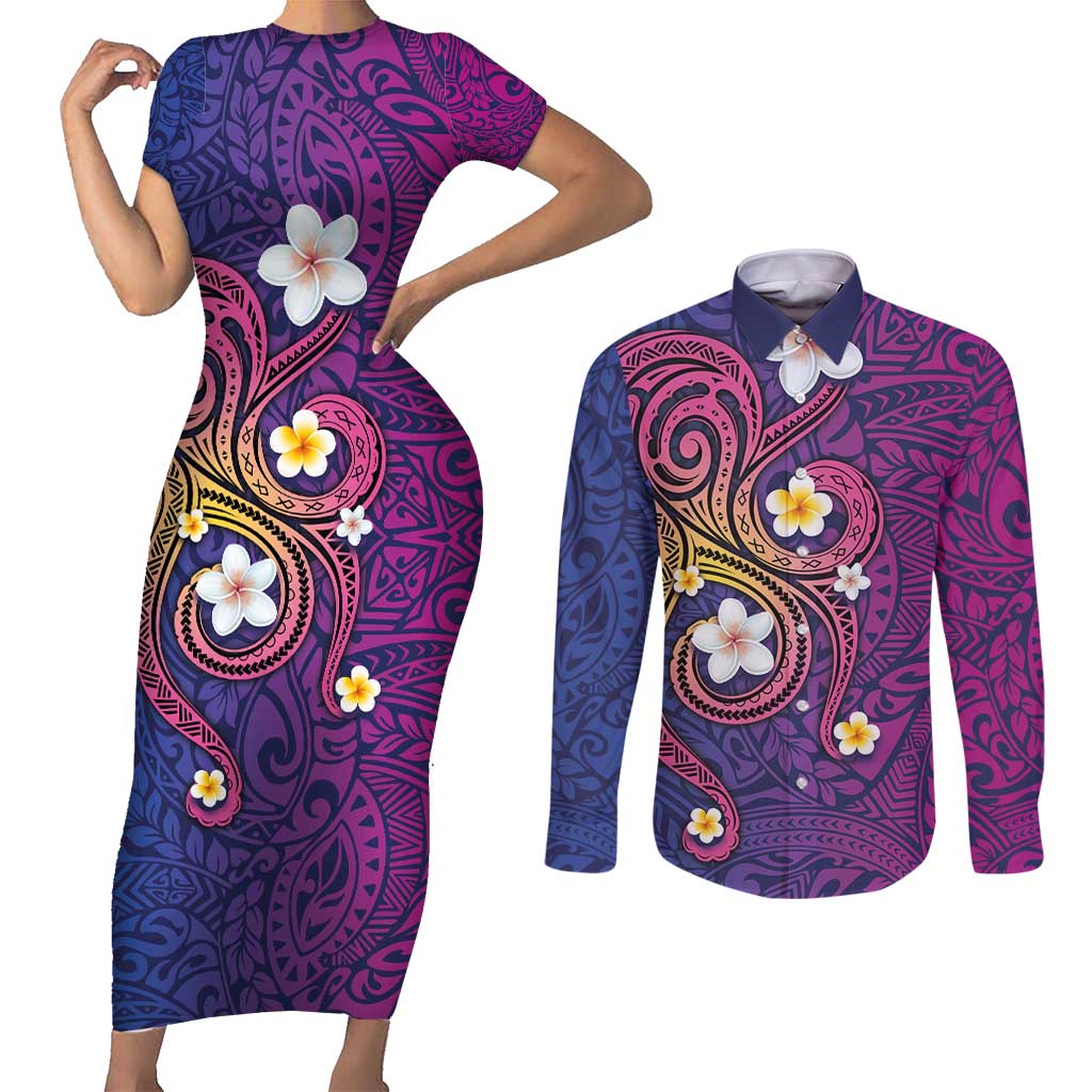 Hawaiian Octopus Tattoo and Frangipani Couples Matching Short Sleeve Bodycon Dress and Long Sleeve Button Shirt
