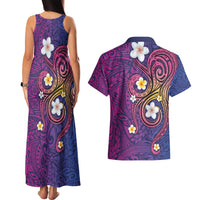 Hawaiian Octopus Tattoo and Frangipani Couples Matching Tank Maxi Dress and Hawaiian Shirt