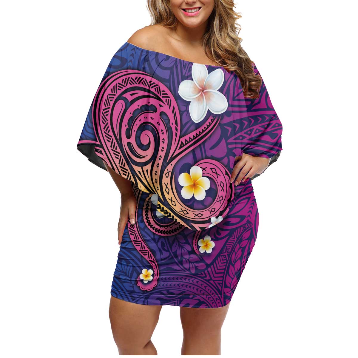 Hawaiian Octopus Tattoo and Frangipani Family Matching Off Shoulder Short Dress and Hawaiian Shirt
