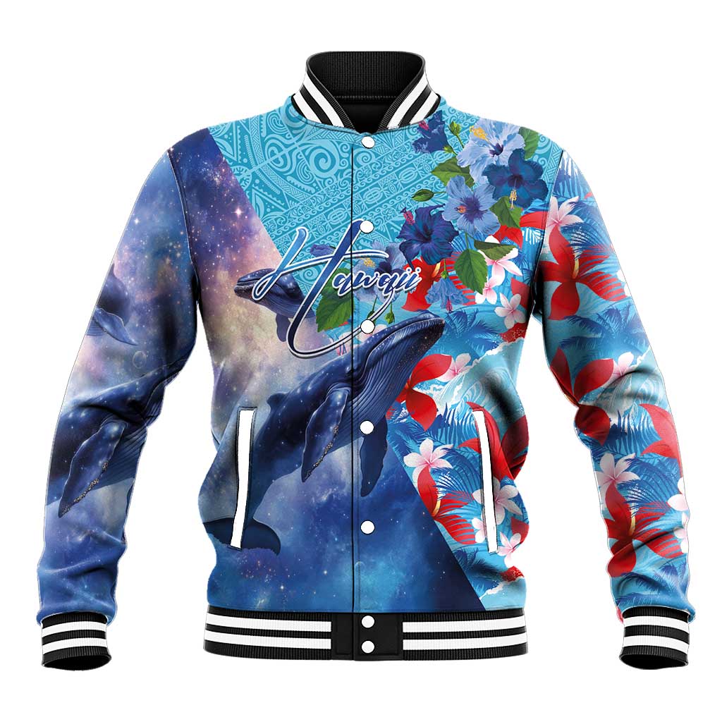 Hawaii Aloha Whales Baseball Jacket Hibiscus and Whales with Polynesian Pattern - Polynesian Pride