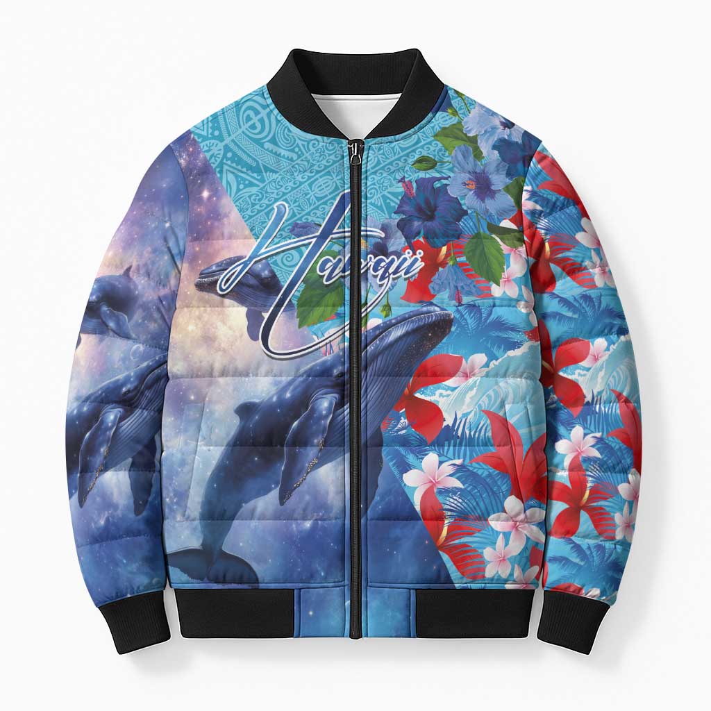Hawaii Aloha Whales Bomber Puffer Jacket Hibiscus and Whales with Polynesian Pattern - Polynesian Pride