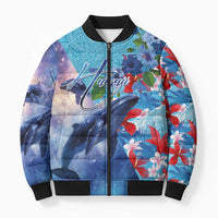 Hawaii Aloha Whales Bomber Puffer Jacket Hibiscus and Whales with Polynesian Pattern - Polynesian Pride
