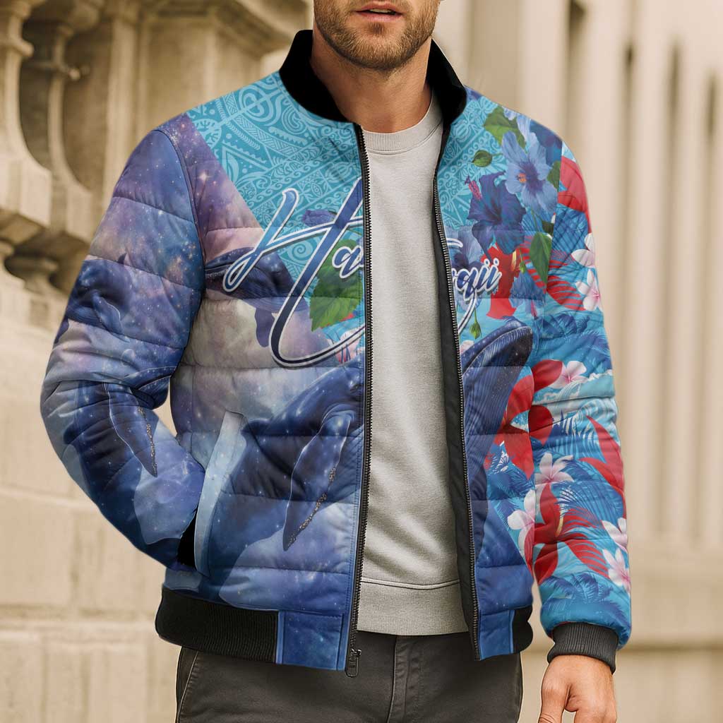 Hawaii Aloha Whales Bomber Puffer Jacket Hibiscus and Whales with Polynesian Pattern - Polynesian Pride