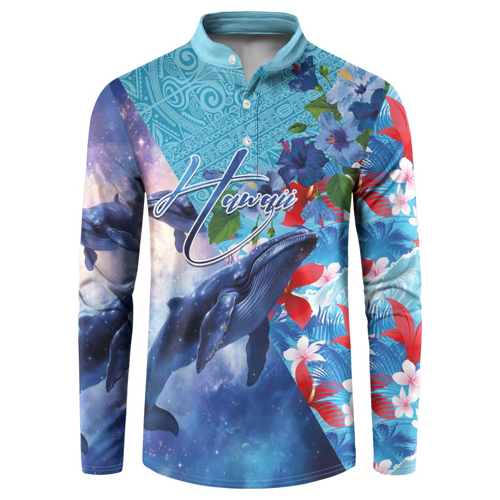 Hawaii Aloha Whales Button Sweatshirt Hibiscus and Whales with Polynesian Pattern - Polynesian Pride