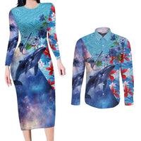 Hawaii Aloha Whales Couples Matching Long Sleeve Bodycon Dress and Long Sleeve Button Shirt Hibiscus and Whales with Polynesian Pattern - Polynesian Pride