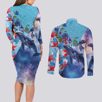 Hawaii Aloha Whales Couples Matching Long Sleeve Bodycon Dress and Long Sleeve Button Shirt Hibiscus and Whales with Polynesian Pattern - Polynesian Pride
