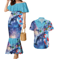 Hawaii Aloha Whales Couples Matching Mermaid Dress and Hawaiian Shirt Hibiscus and Whales with Polynesian Pattern - Polynesian Pride