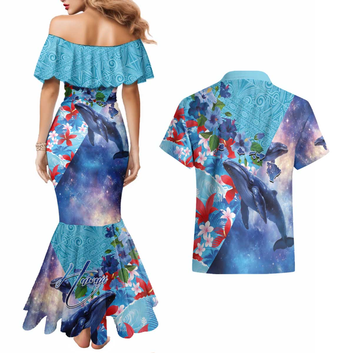 Hawaii Aloha Whales Couples Matching Mermaid Dress and Hawaiian Shirt Hibiscus and Whales with Polynesian Pattern - Polynesian Pride