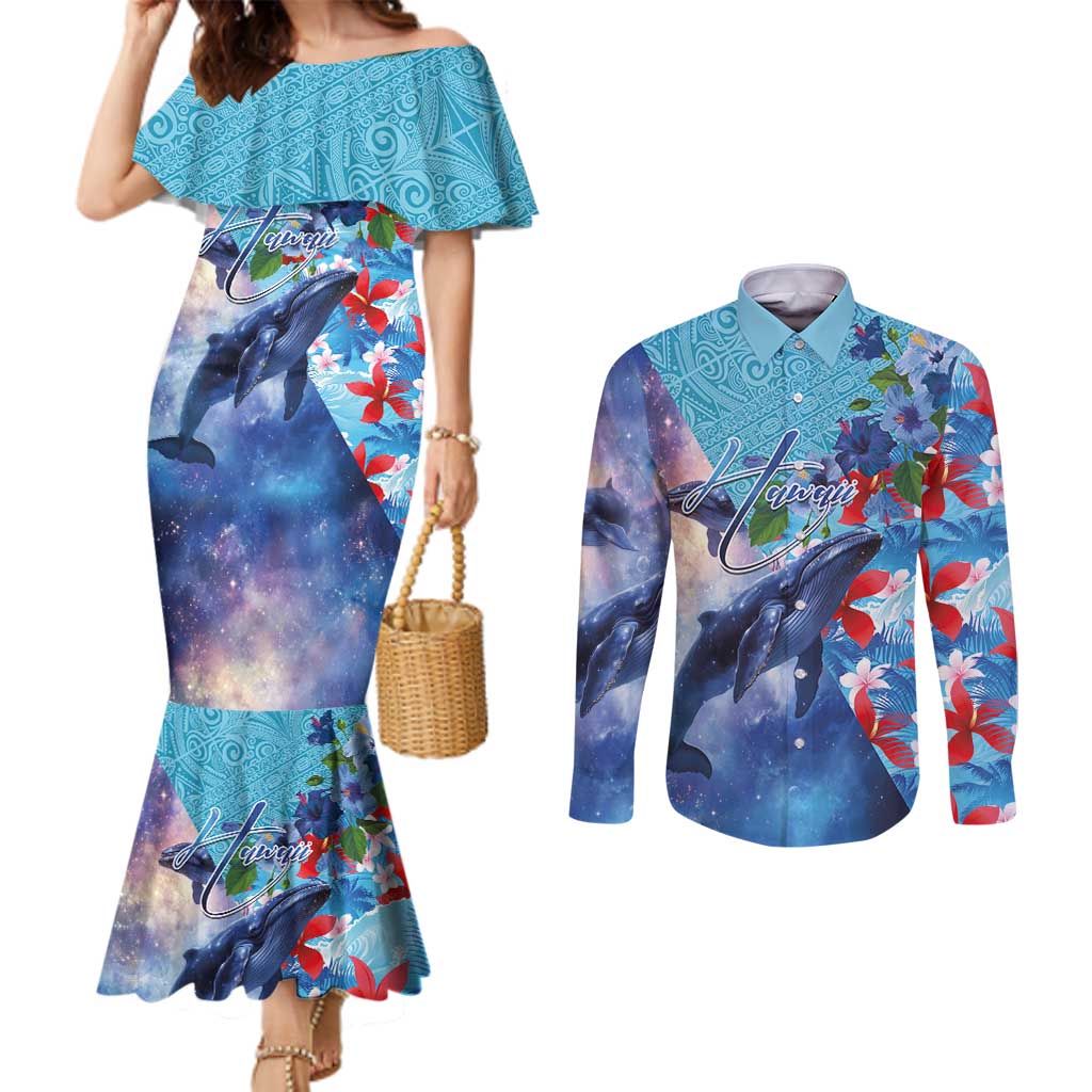 Hawaii Aloha Whales Couples Matching Mermaid Dress and Long Sleeve Button Shirt Hibiscus and Whales with Polynesian Pattern - Polynesian Pride