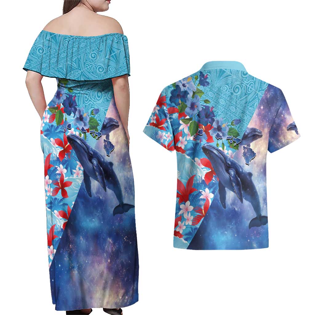 Hawaii Aloha Whales Couples Matching Off Shoulder Maxi Dress and Hawaiian Shirt Hibiscus and Whales with Polynesian Pattern - Polynesian Pride