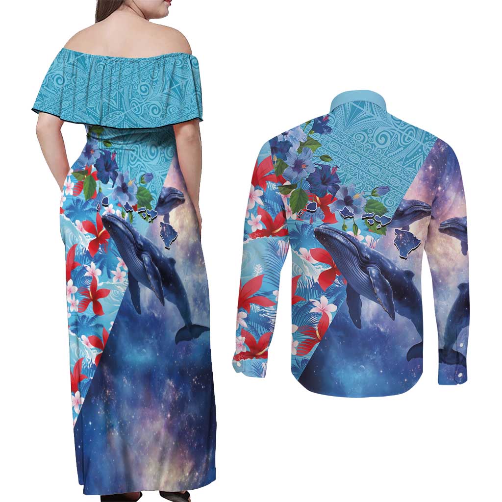 Hawaii Aloha Whales Couples Matching Off Shoulder Maxi Dress and Long Sleeve Button Shirt Hibiscus and Whales with Polynesian Pattern - Polynesian Pride