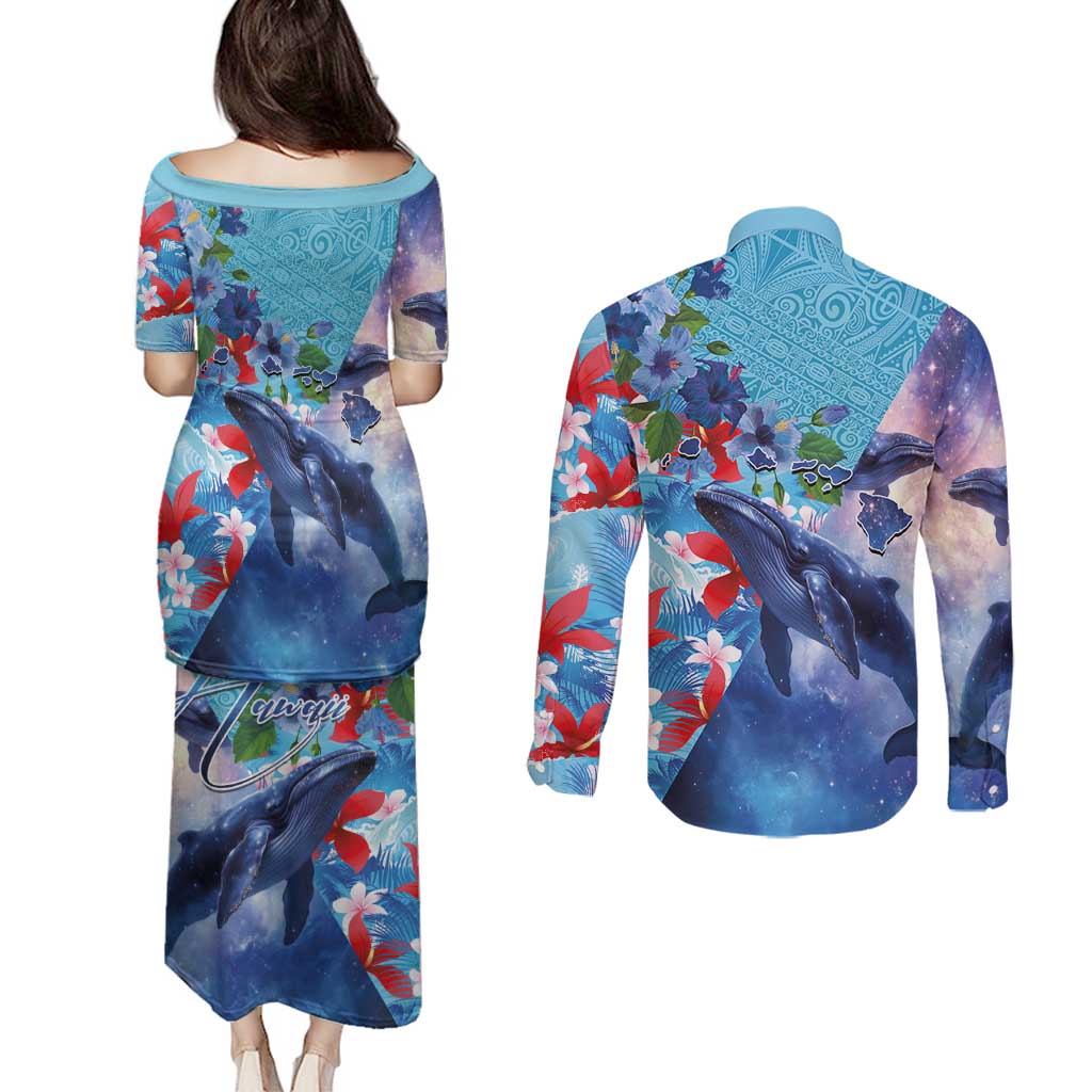 Hawaii Aloha Whales Couples Matching Puletasi and Long Sleeve Button Shirt Hibiscus and Whales with Polynesian Pattern - Polynesian Pride