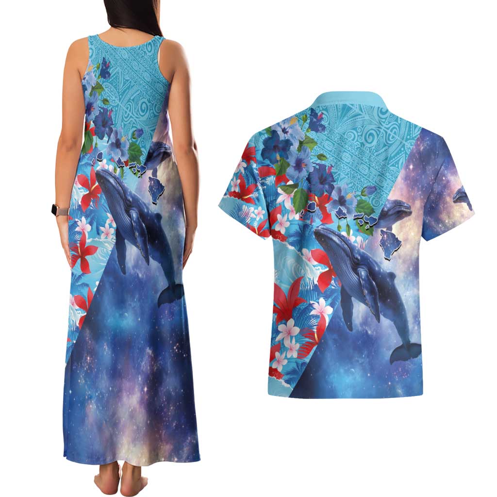 Hawaii Aloha Whales Couples Matching Tank Maxi Dress and Hawaiian Shirt Hibiscus and Whales with Polynesian Pattern - Polynesian Pride