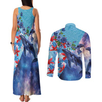 Hawaii Aloha Whales Couples Matching Tank Maxi Dress and Long Sleeve Button Shirt Hibiscus and Whales with Polynesian Pattern - Polynesian Pride