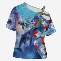Hawaii Aloha Whales Cross Shoulder Shirt Hibiscus and Whales with Polynesian Pattern - Polynesian Pride