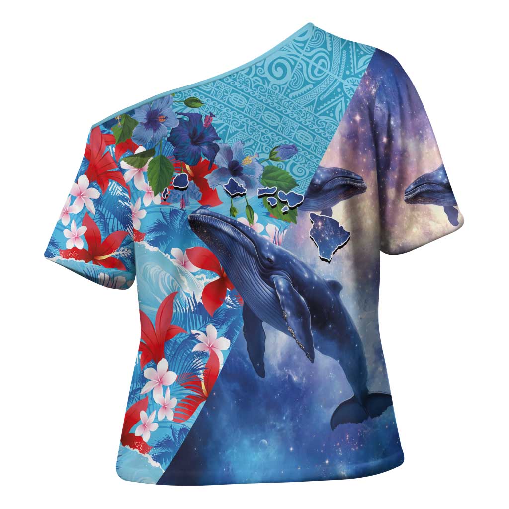 Hawaii Aloha Whales Cross Shoulder Shirt Hibiscus and Whales with Polynesian Pattern - Polynesian Pride
