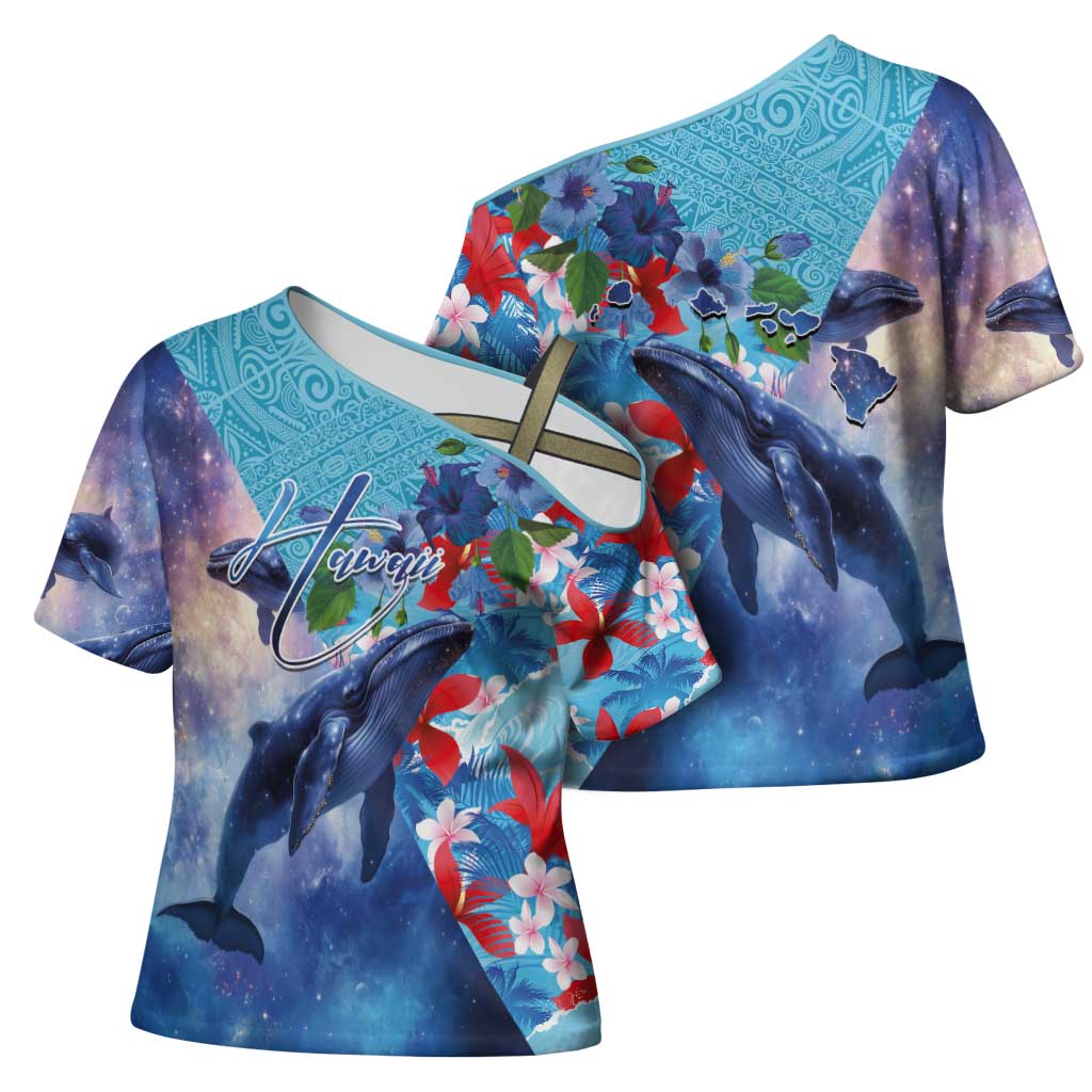 Hawaii Aloha Whales Cross Shoulder Shirt Hibiscus and Whales with Polynesian Pattern - Polynesian Pride